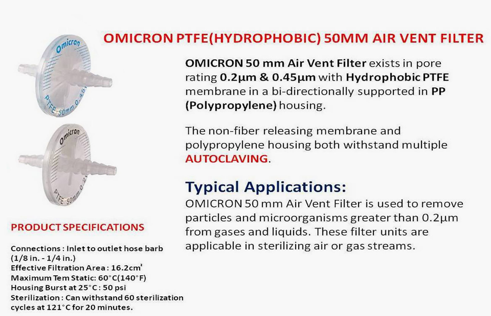 OMICRON PTFE HYDROPHOBIC 50MM AIR VENT FILTER